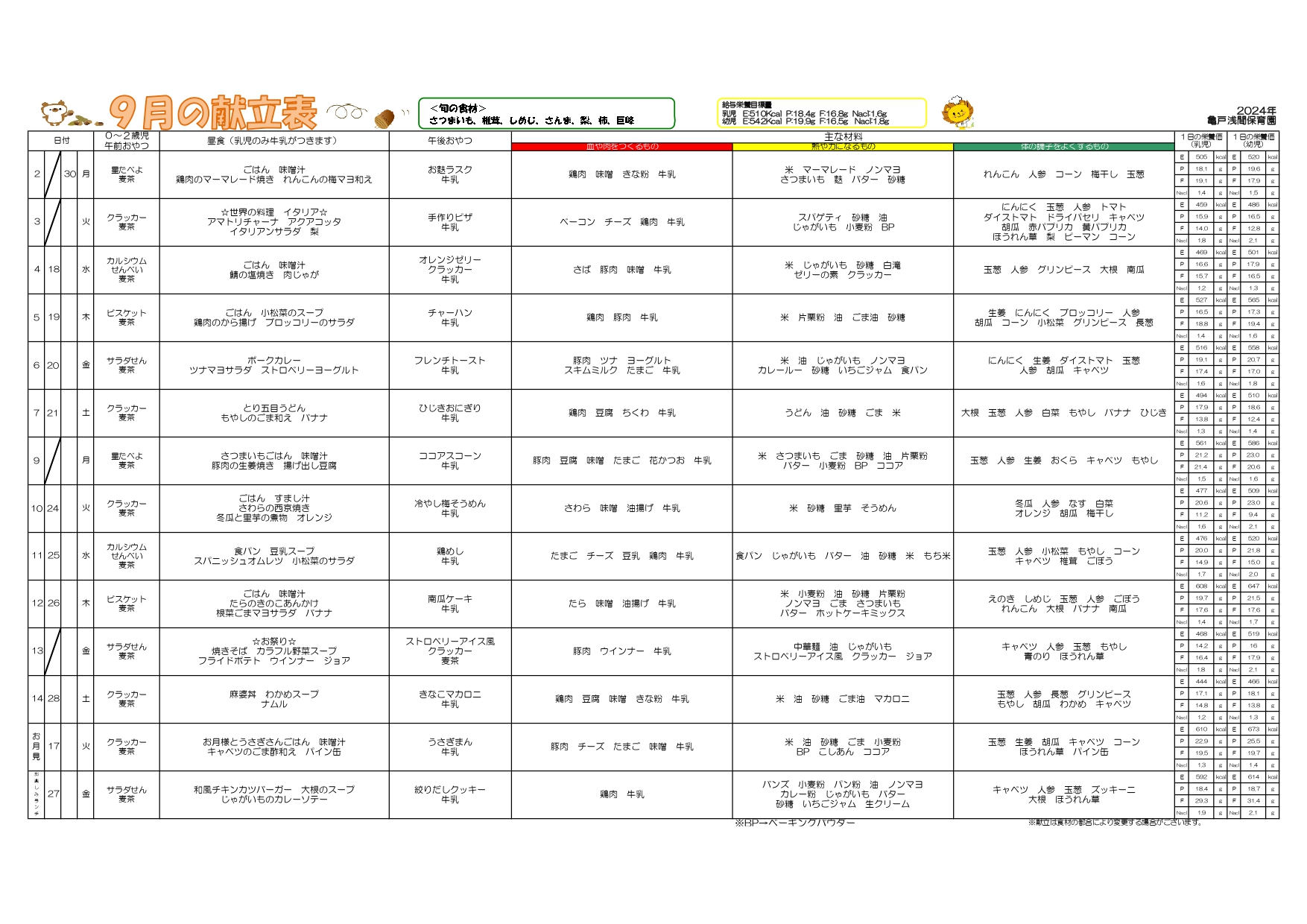 ９月のランチ・おやつメニュー